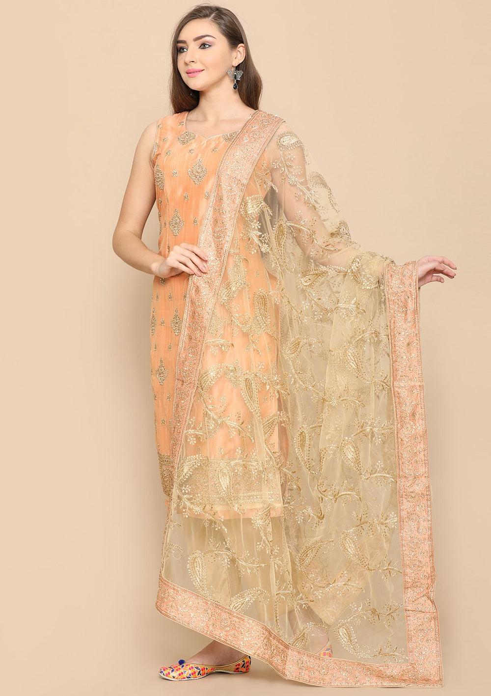 peach pearlwork designer salwar suit-Koskii