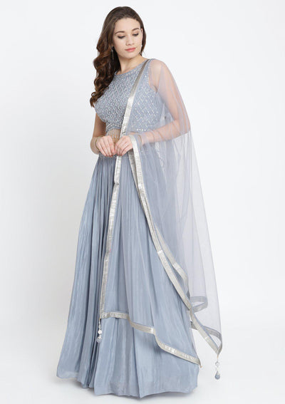 Light Grey Sequinned Satin Designer Lehenga-Koskii