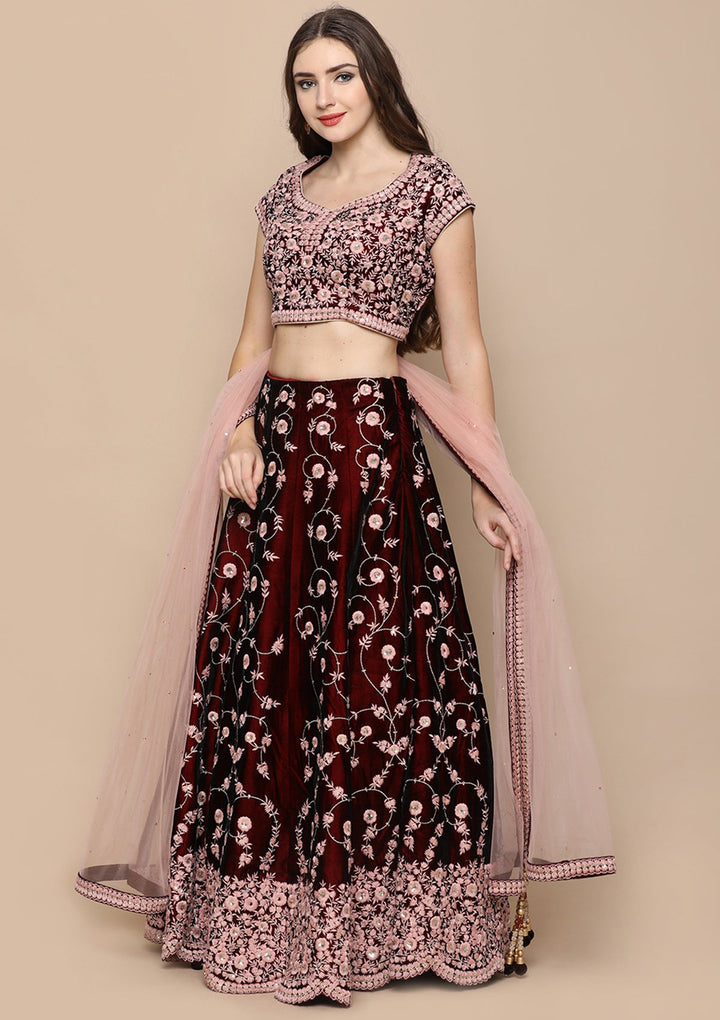 Pink Zari Work Velvet Designer Lehenga-Koskii