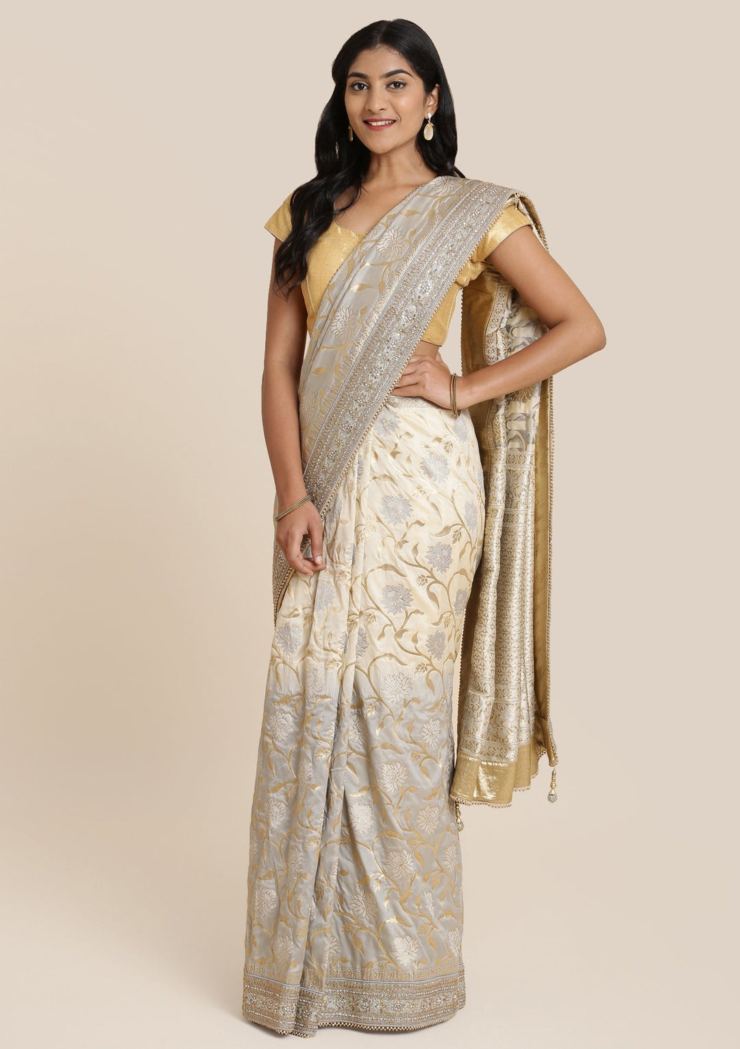 Light Grey Zariwork Brocade Designer Saree-Koskii