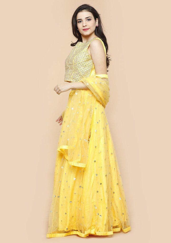 Sunshine Yellow Embellished Silk Designer Lehenga-Koskii