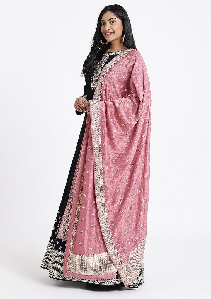 Navy Blue Zari Work Rawsilk Designer Gown-Koskii