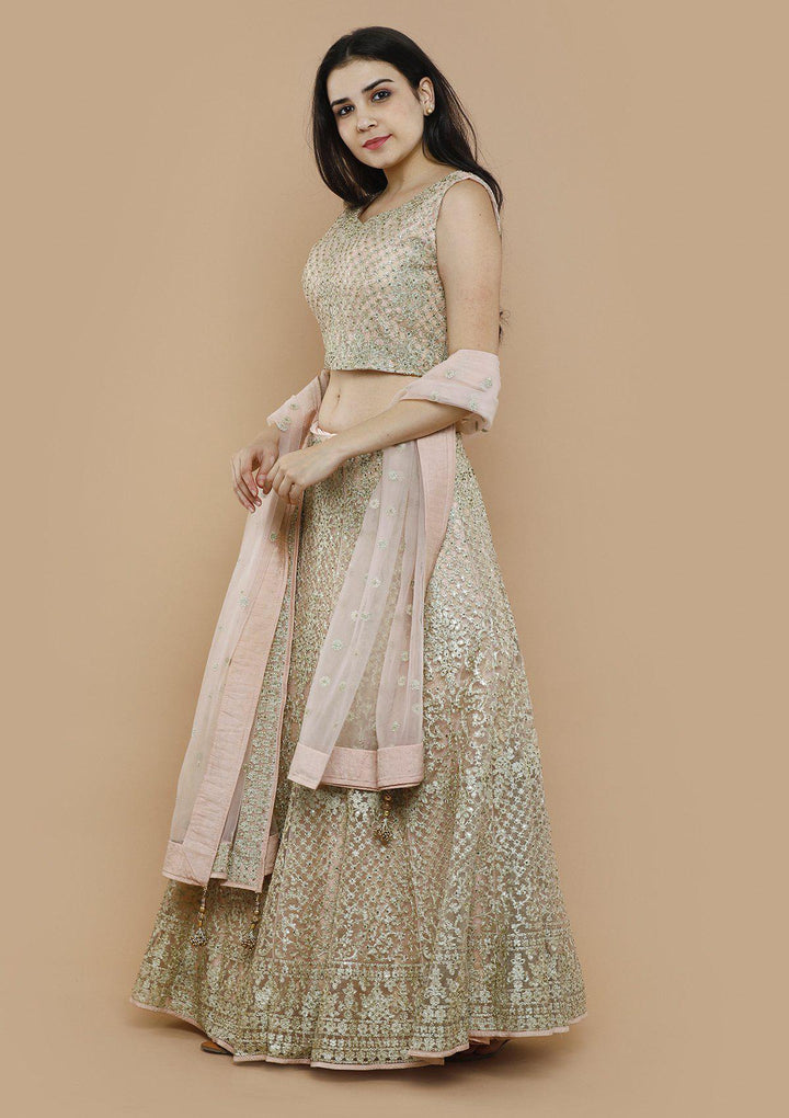 Peach Net Thread Work Designer Lehenga-Koskii