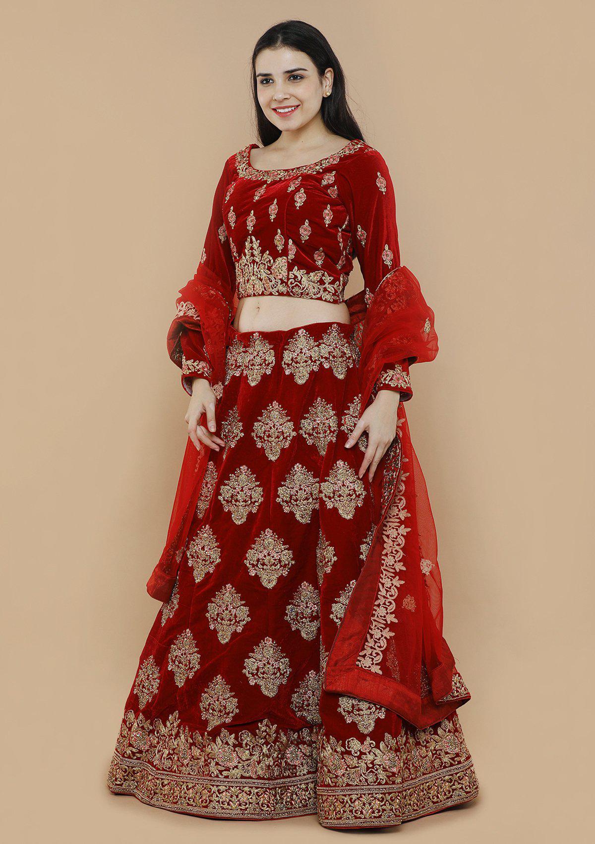 Royal Red Zari Velvet Designer Lehenga-Koskii