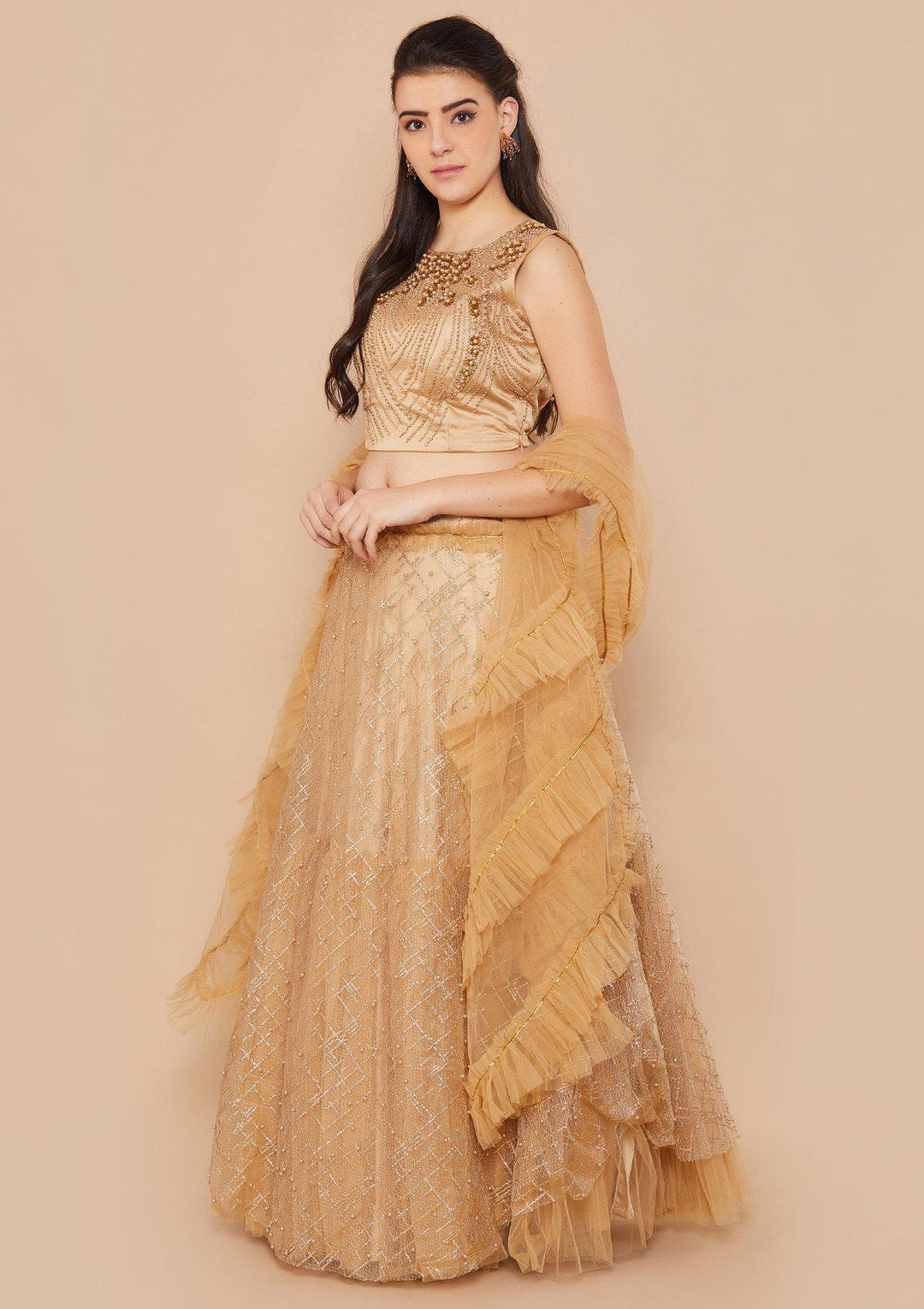Gold Pearl-Work Net Designer Lehenga-Koskii