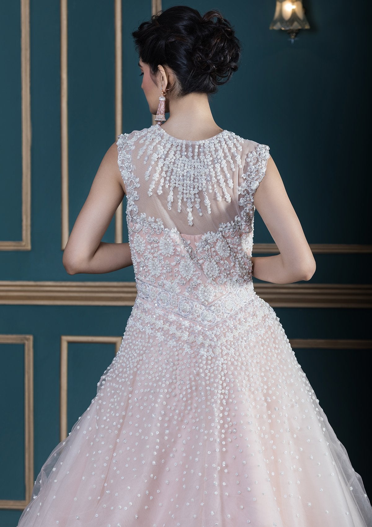 Peach Pink Stonework Net Designer Gown-Koskii