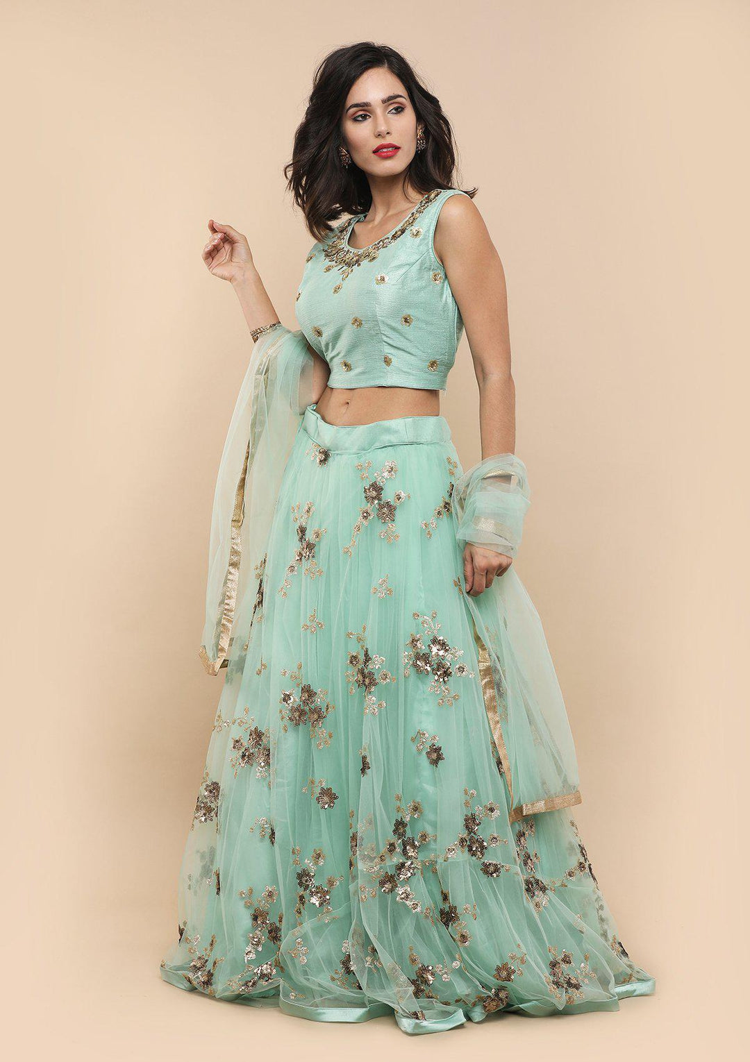 Pista Green Floral Net Designer Lehenga-Koskii