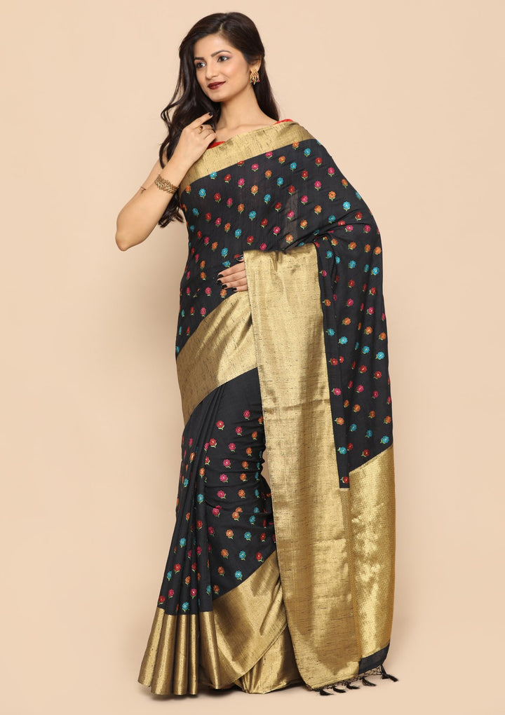Black Multi Color Buta Handloom Saree-Koskii
