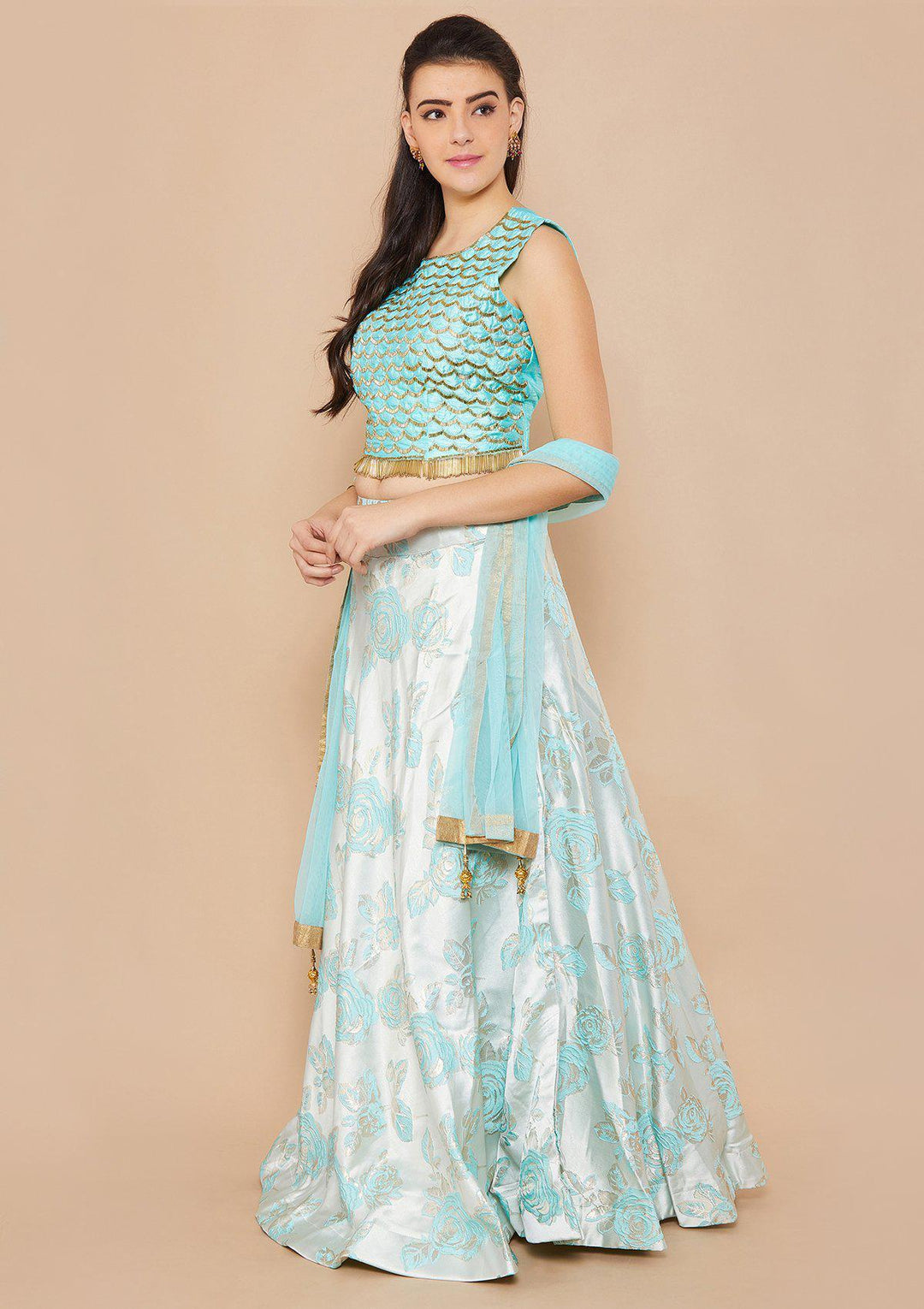 Ice Blue Cutdana Raw-silk Designer Lehenga-Koskii