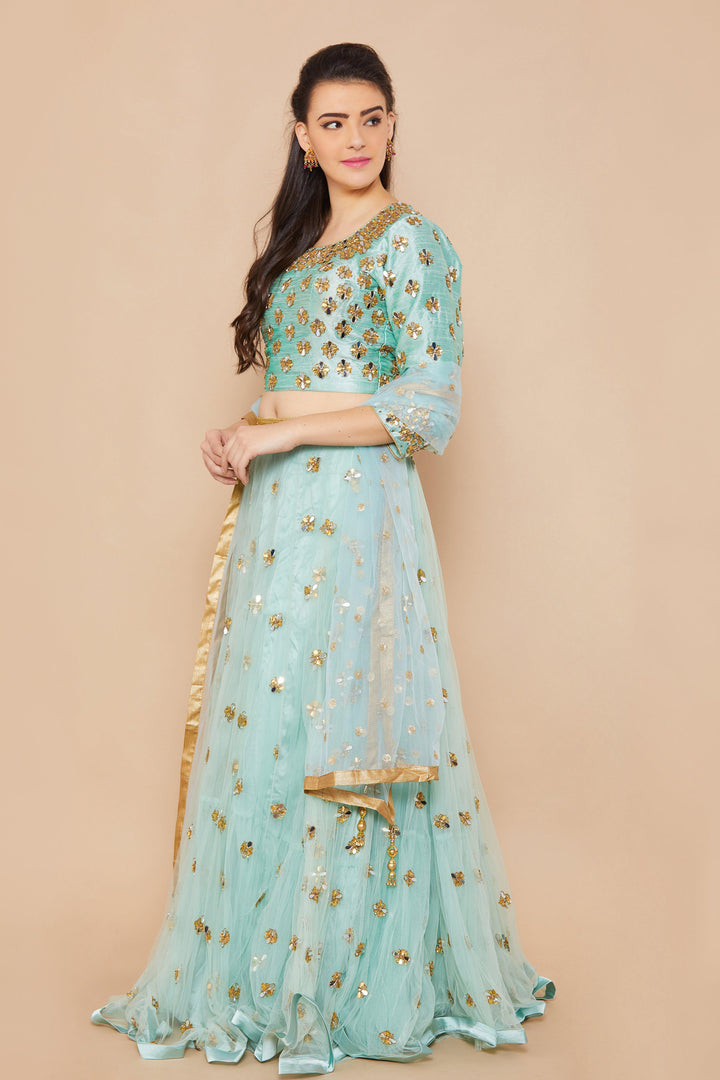 Teal Mirrorwork Net Designer Lehenga-Koskii
