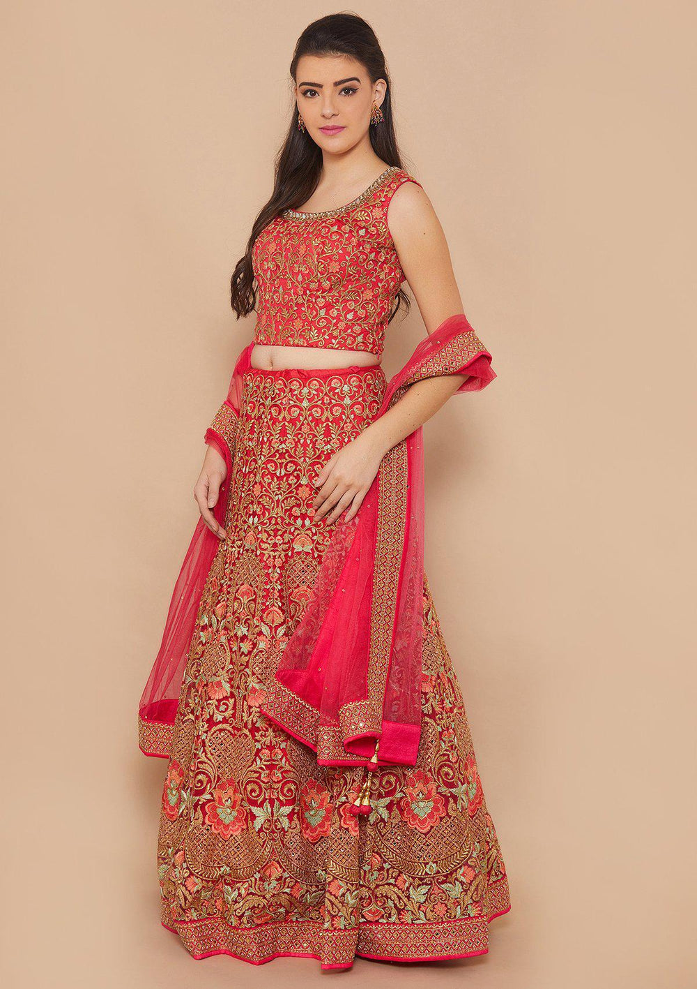 Rani Pink Zari-Work Net Designer Lehenga-Koskii