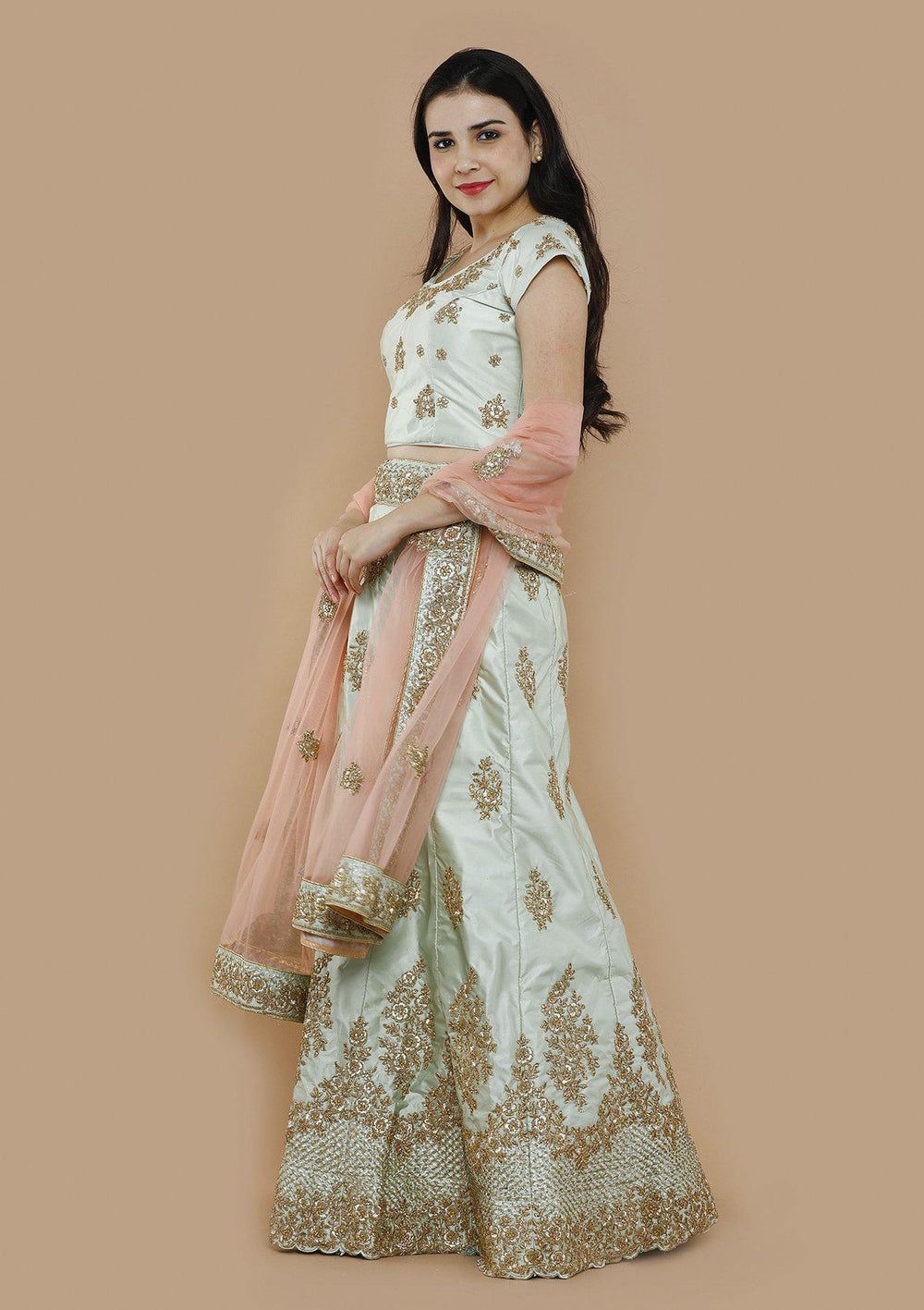 Mint Green Zari Work Silk Designer Lehenga-Koskii