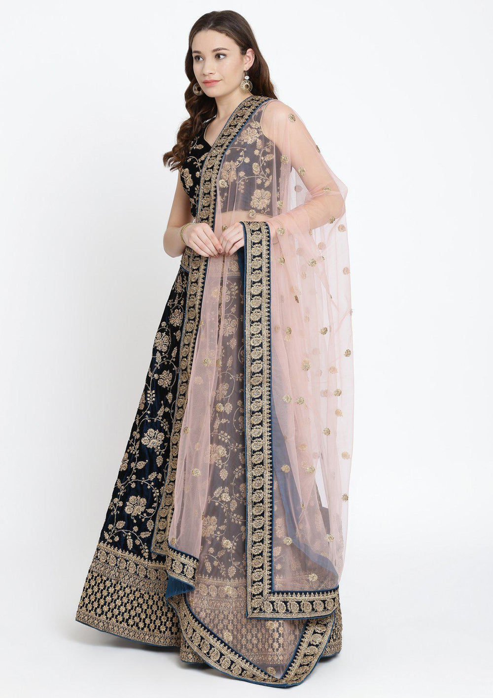 Peacock Blue Stonework Velvet Designer Lehenga-Koskii