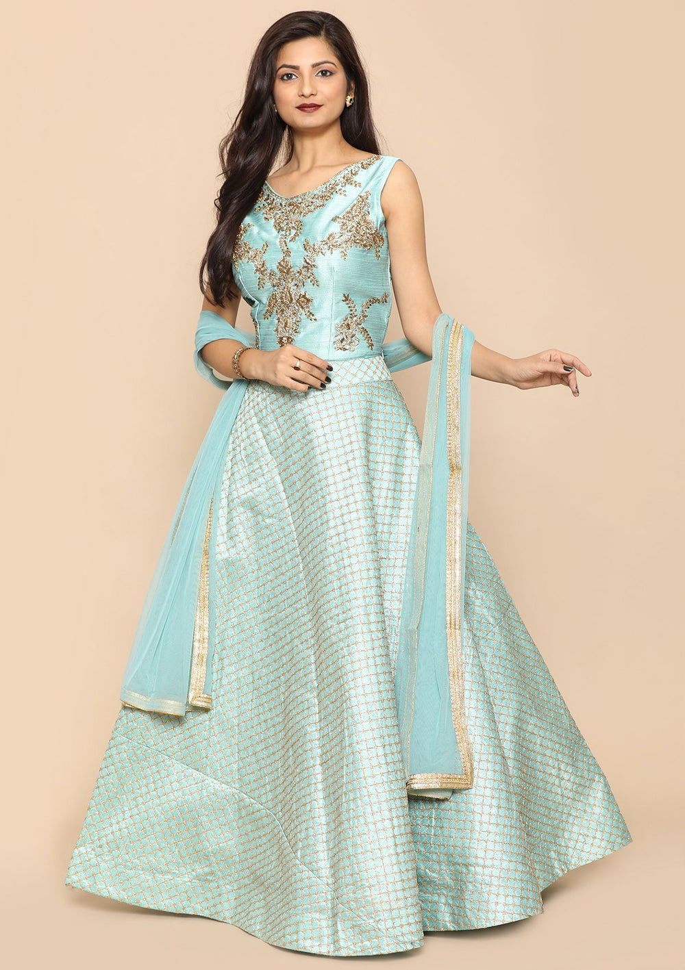 Sea Green Bead Work Silk Designer Lehenga-Koskii