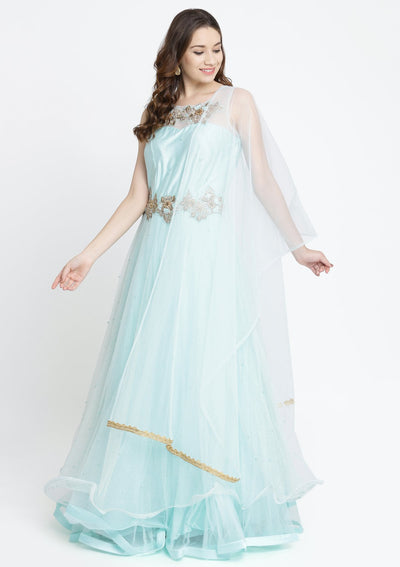 Sky Blue Cutdana Net Designer Gown-Koskii