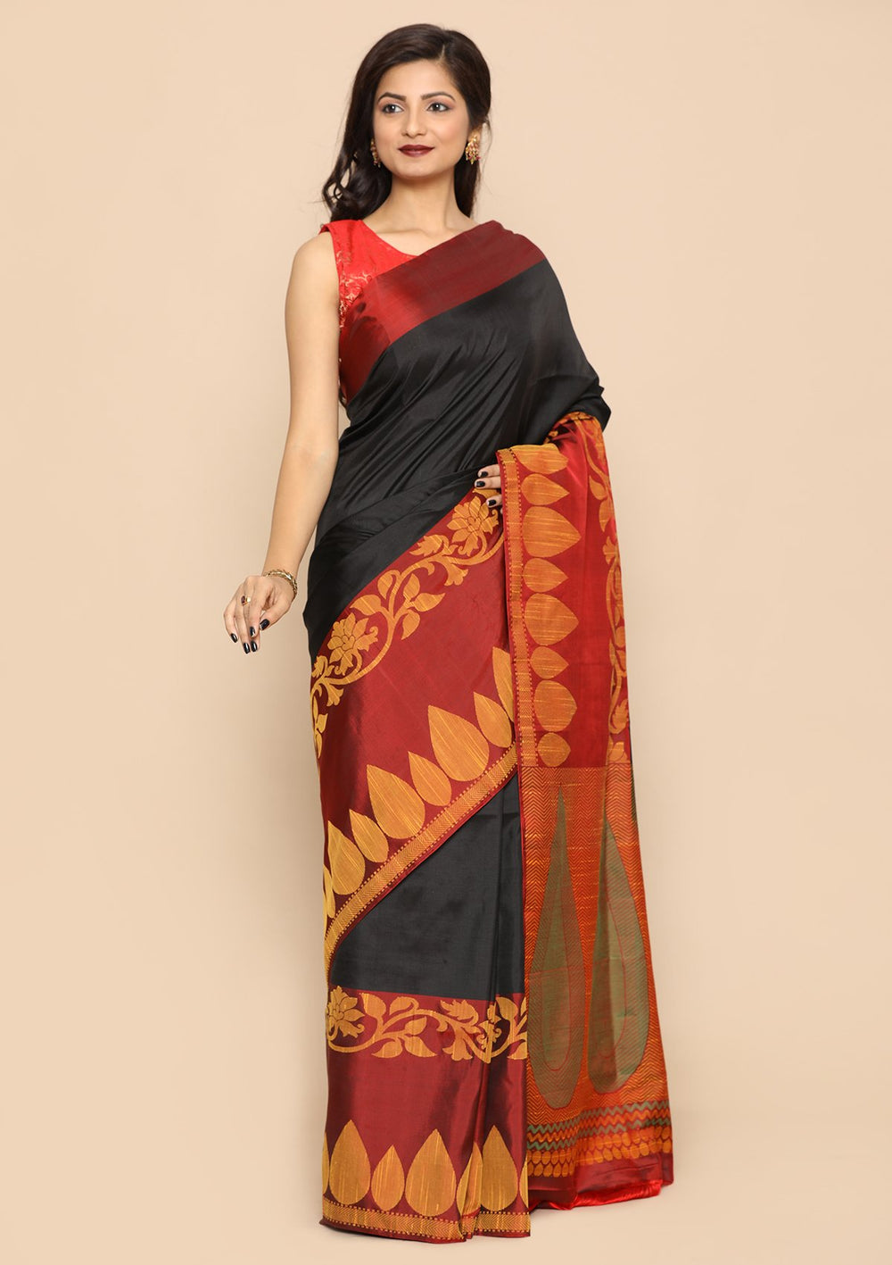 Black and Red Handwoven Saree-Koskii