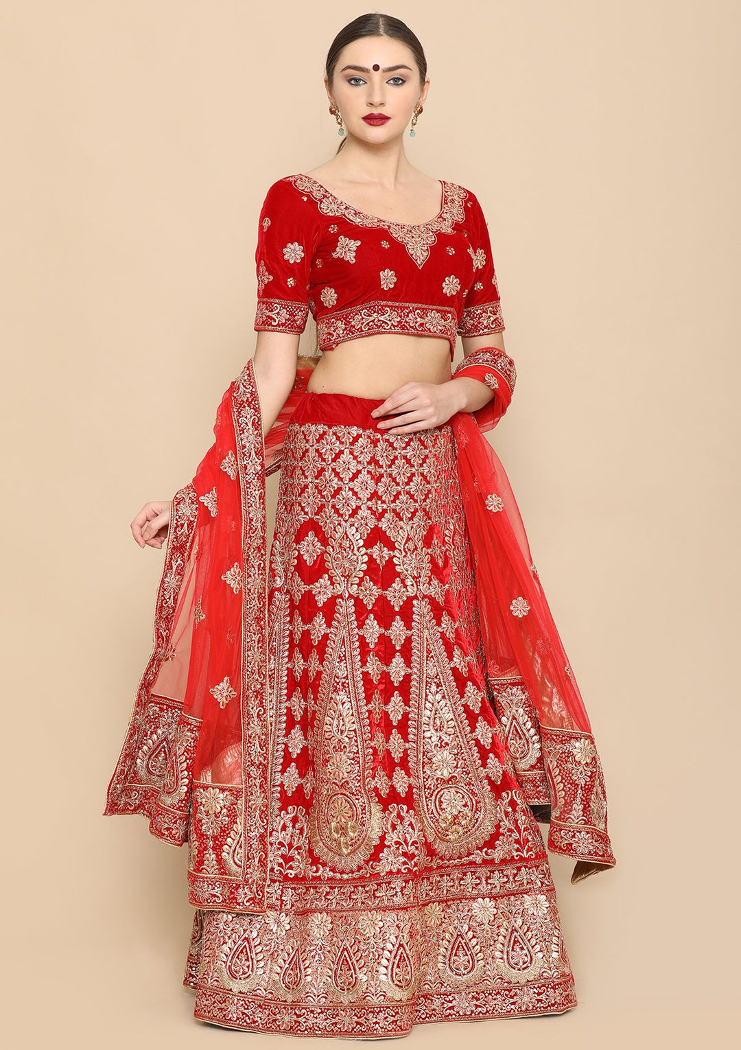 Red Gota Patti Work Velvet Designer Lehenga-Koskii