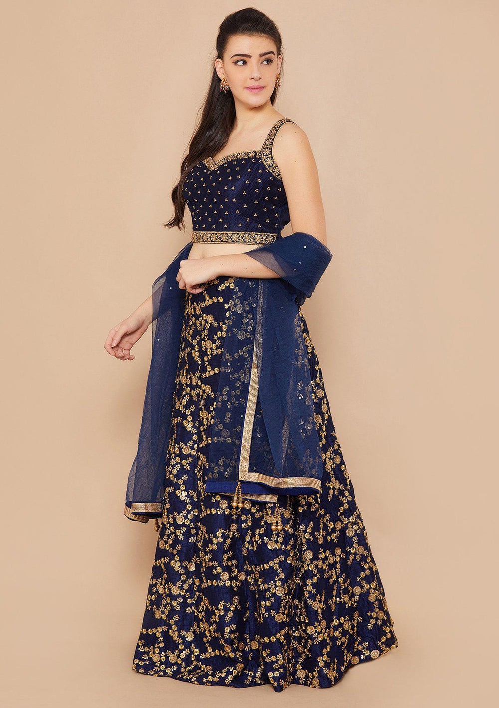 Koskii Stonework Rawsilk Blue Lehenga-Koskii