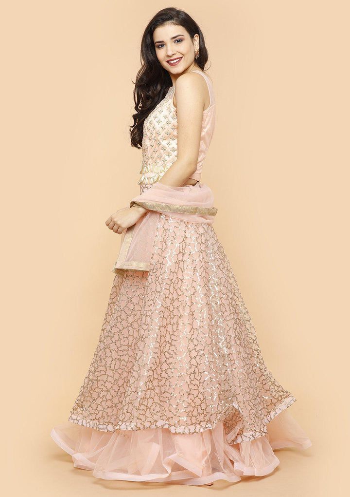 Koskii Soft Peach Sequinned Lehenga-Koskii