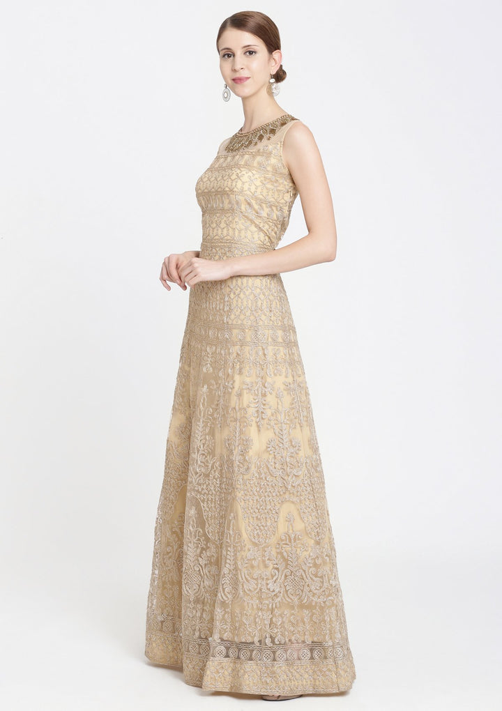 Gold Cutdana Net Designer Gown-Koskii