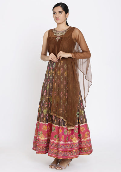 Brown Stonework Art Silk Designer Gown - koskii