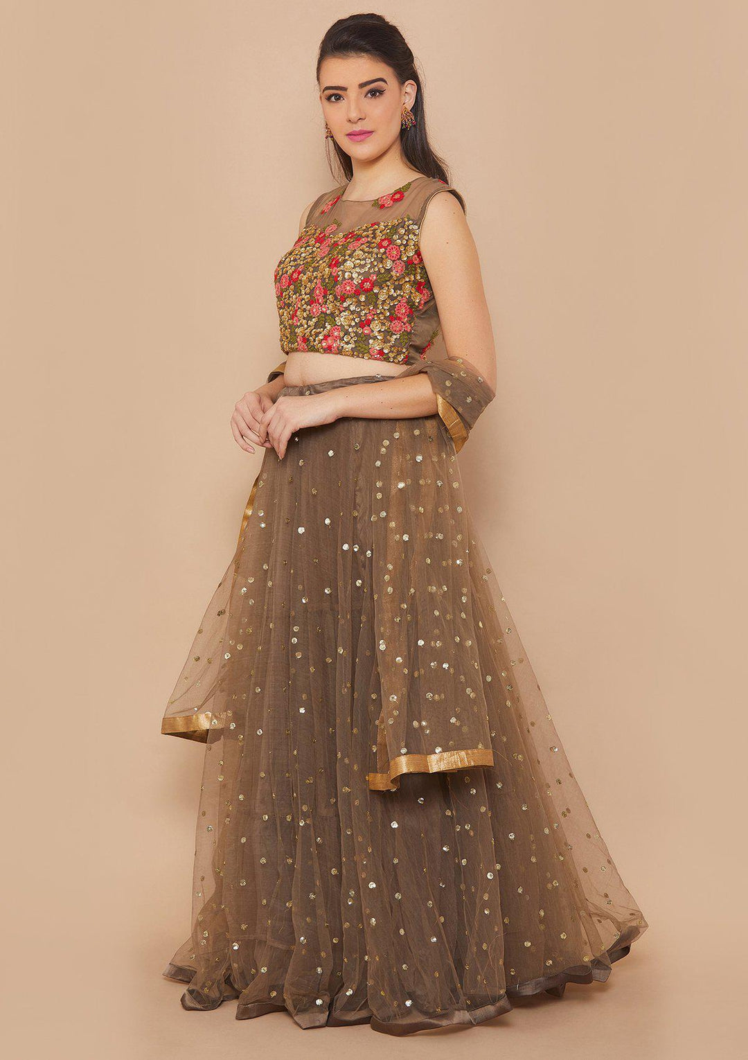 Koskii Zariwork Net BROWN Lehenga-Koskii