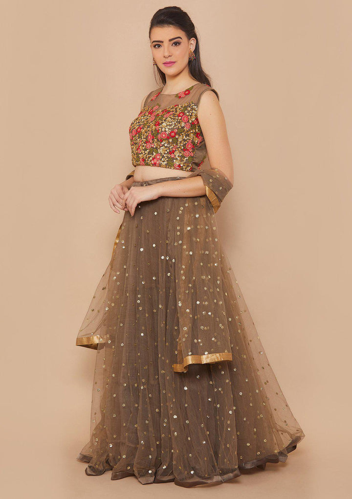 Koskii Zariwork Net BROWN Lehenga-Koskii