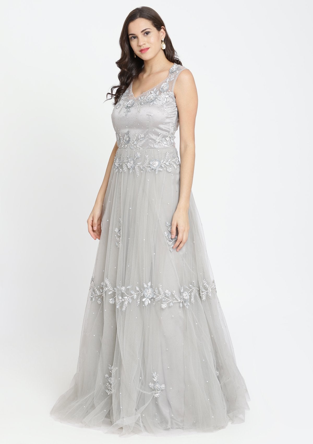 Light Grey Sequinned Net Designer Gown-Koskii