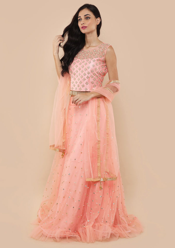 Peach Zardozi Tassles Net Designer Lehenga-Koskii