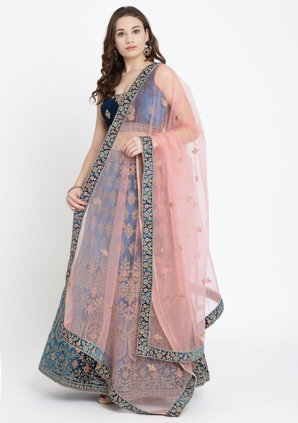 Turquoise Blue Zariwork Velvet Designer Lehenga-Koskii