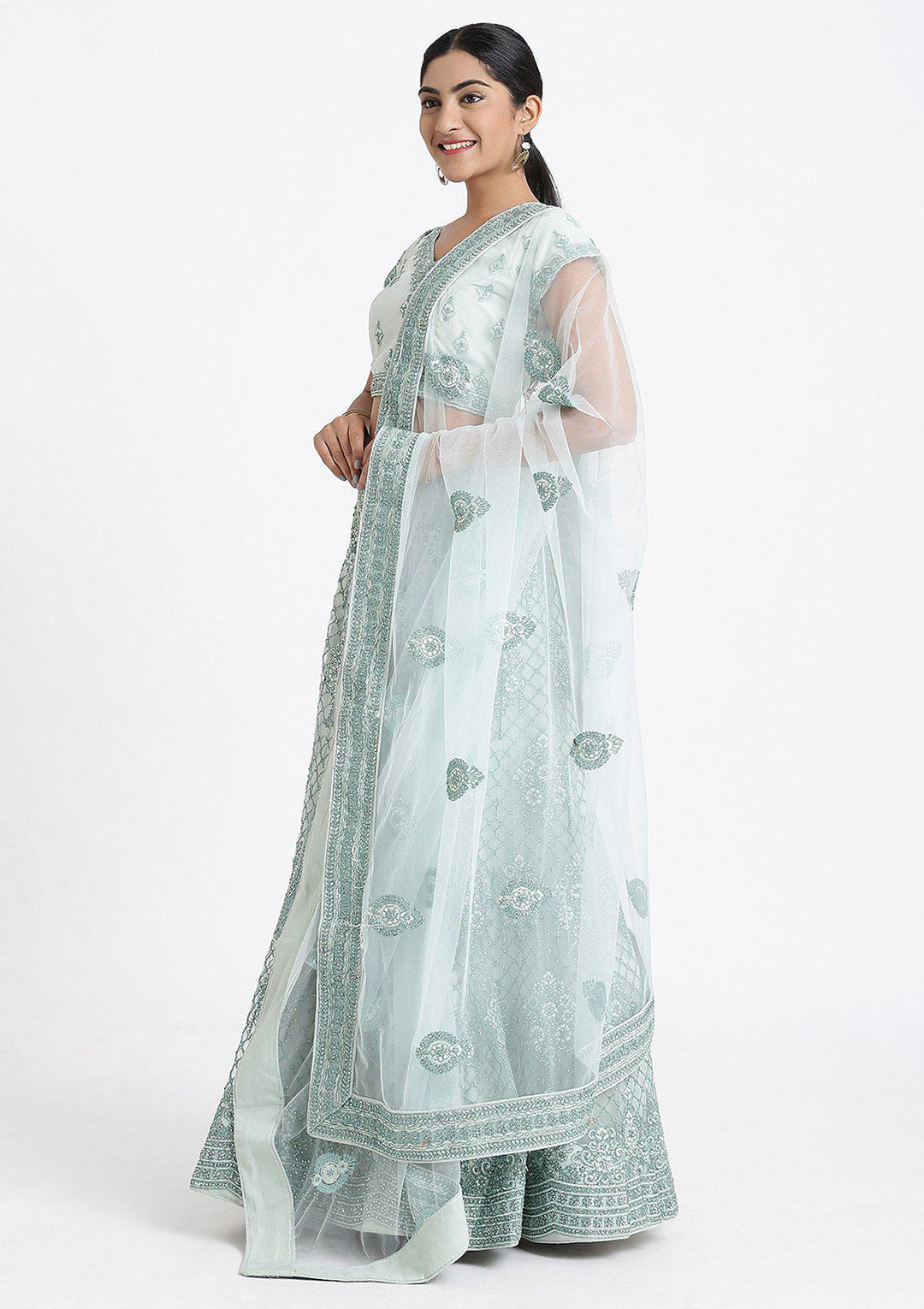 Sea Green Stone Work Net Designer Lehenga-Koskii