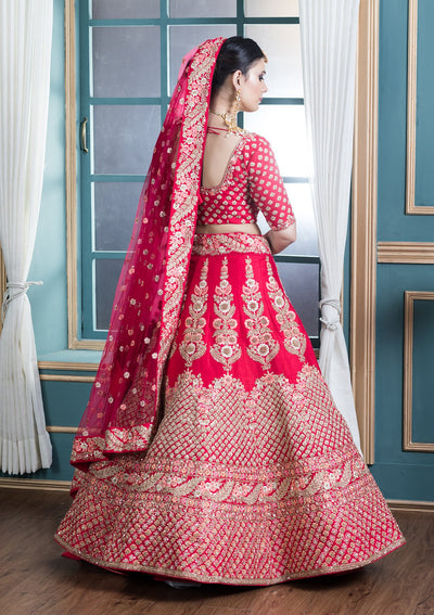 Coral Pink Pearl Embellished Designer Bridal Lehenga-Koskii