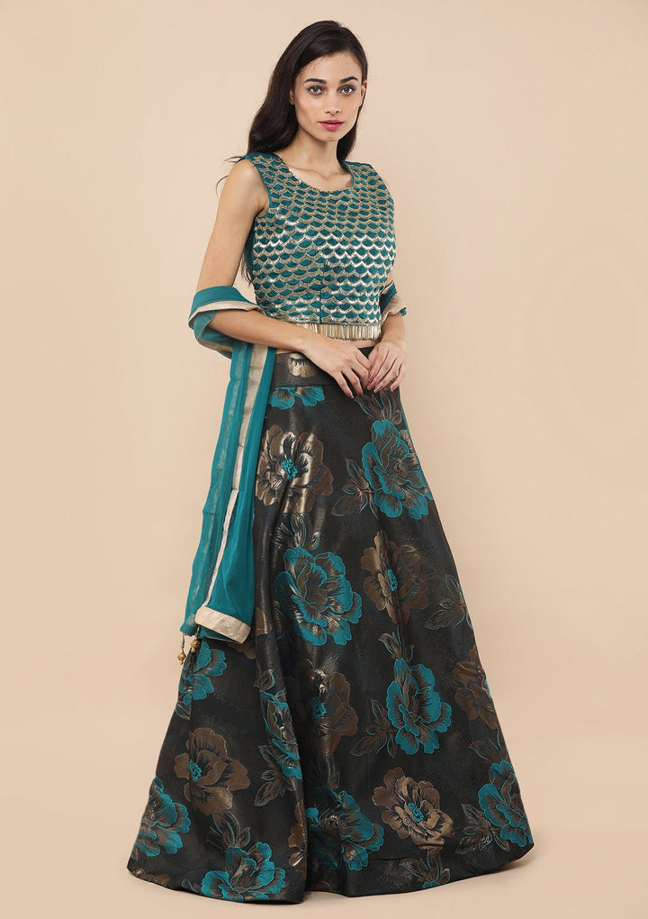 Koskii Ocean Green Brocade Lehenga-Koskii