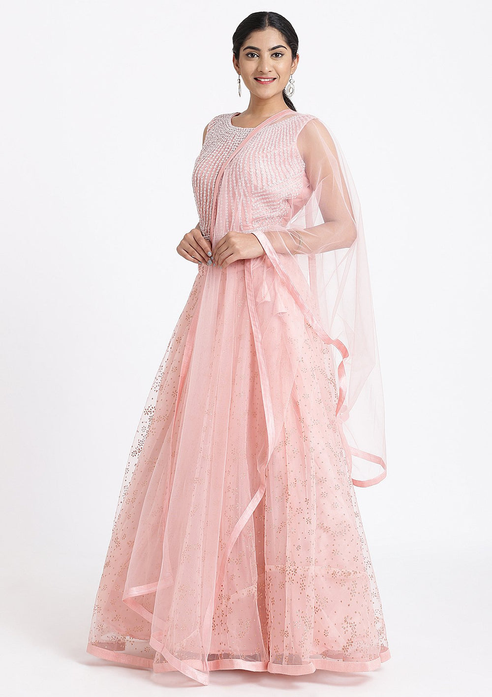 Pink Pearlwork Net Designer Lehenga-Koskii