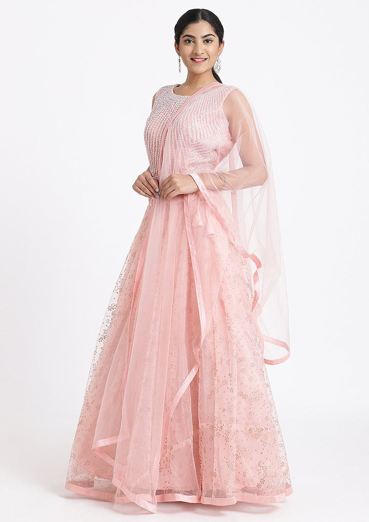 Pink Pearlwork Net Designer Lehenga-Koskii