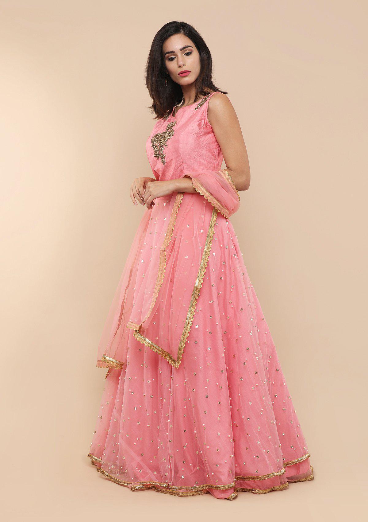 Pink Zardozi Floral Motif Designer Gown-Koskii