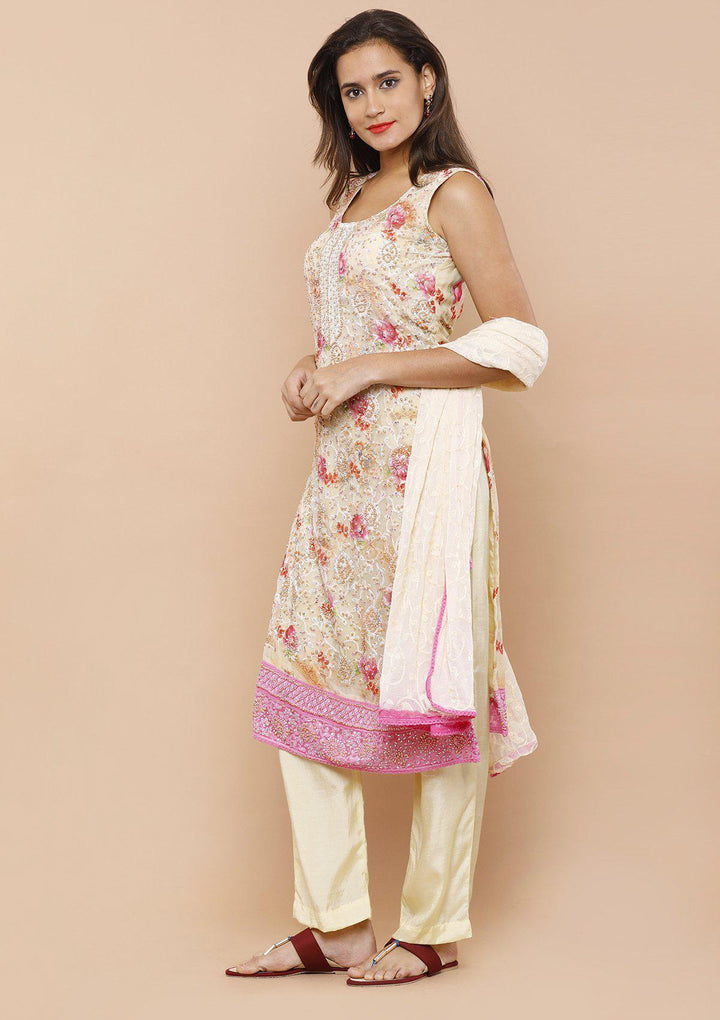 Cream and Pink Georgette Designer Salwar Suit-Koskii