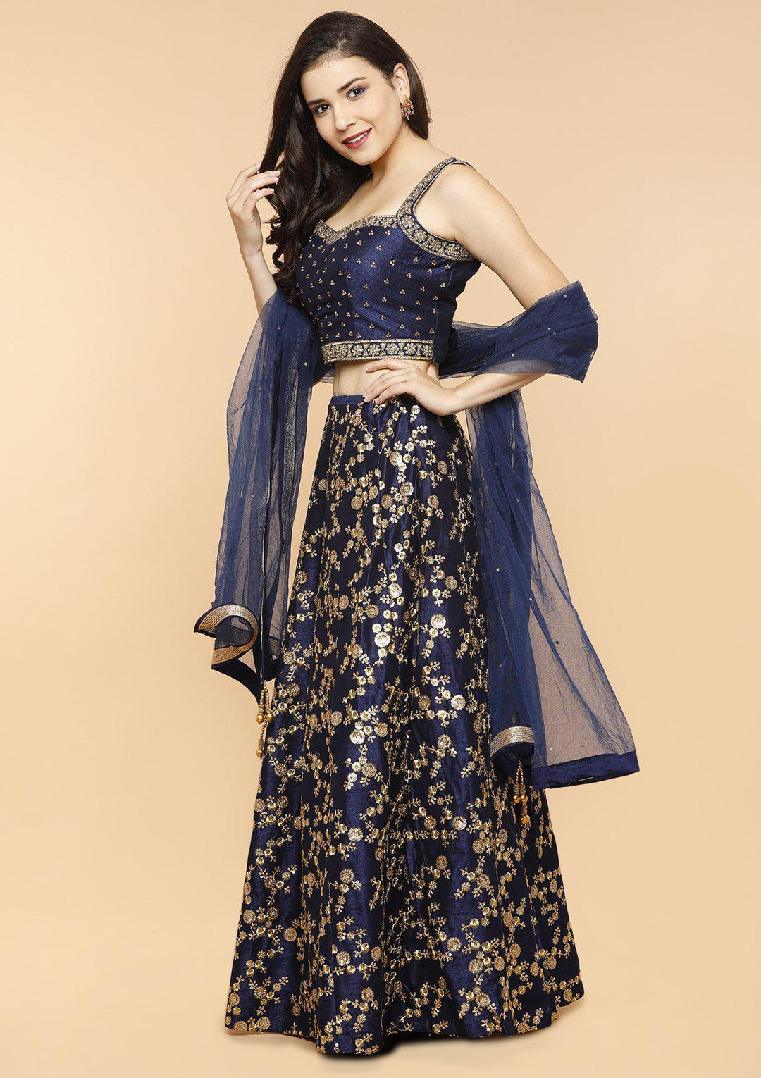 Navy Blue Sequinned Raw Silk Designer Lehenga-Koskii