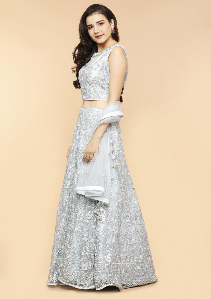 Steel Grey Threadwork Net Designer Lehenga-Koskii