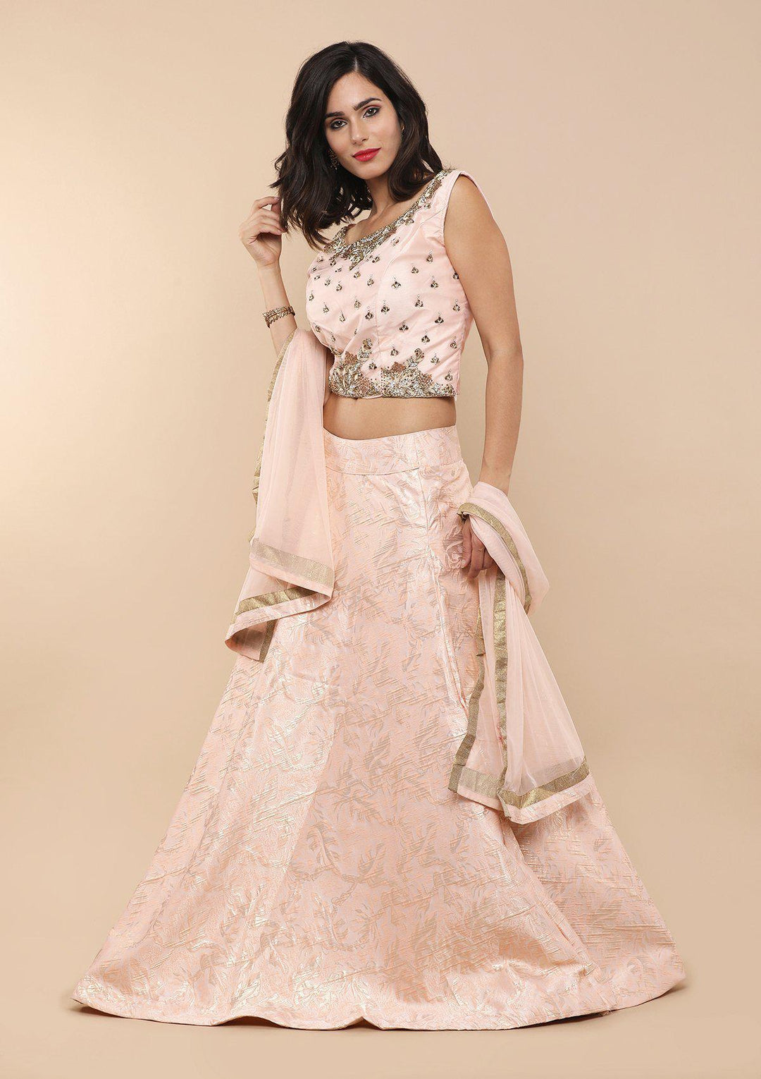 Peach Embellished Brocade Designer Lehenga-Koskii