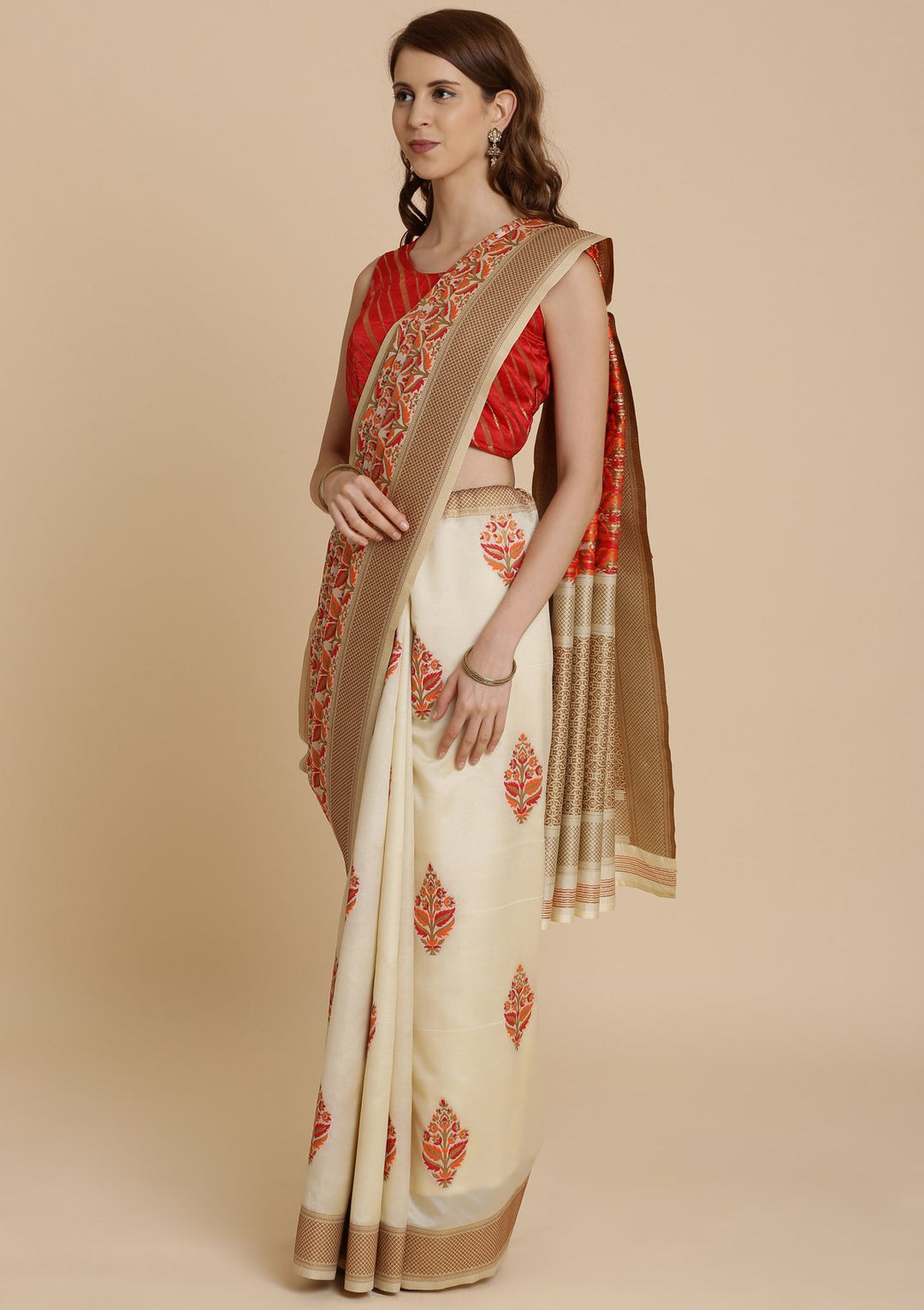 Red and Cream Thread Work Art Silk Designer Saree-Koskii