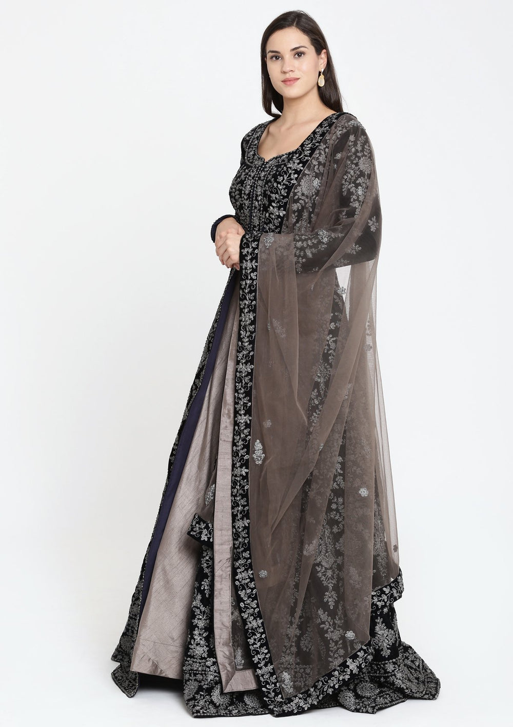 Navy Blue Zari Work Velvet Designer Lehenga-Koskii