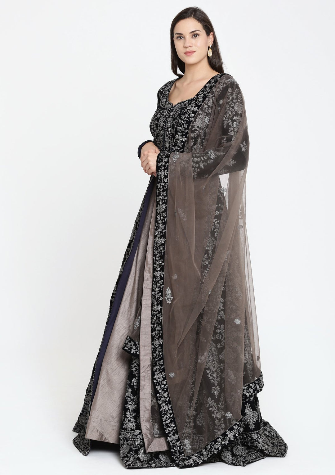 Navy Blue Zari Work Velvet Designer Lehenga-Koskii