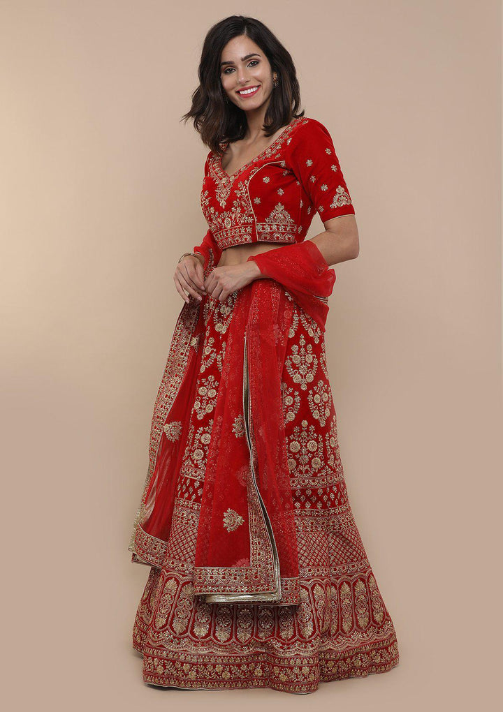 Red Embellished Velvet Designer Lehenga-Koskii