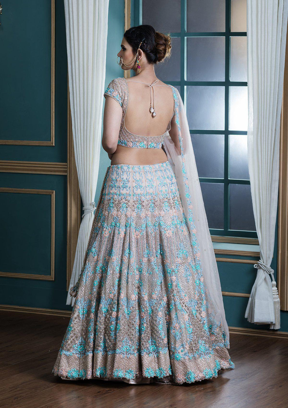 Beige Threadwork Net Designer Lehenga-Koskii