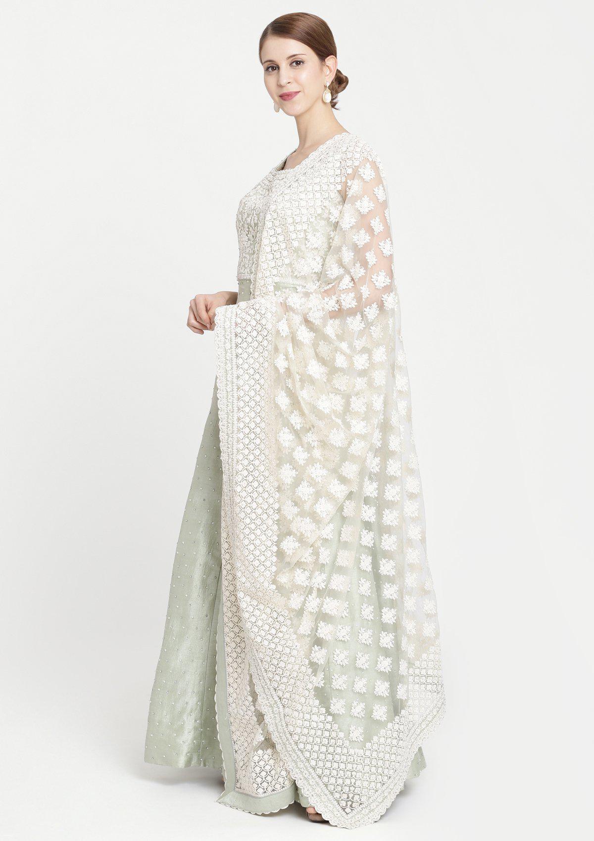 Pista Green Threadwork Rawsilk Designer Gown-Koskii