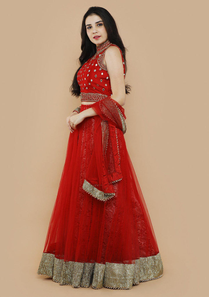 koskii red net and lace lehenga-Koskii