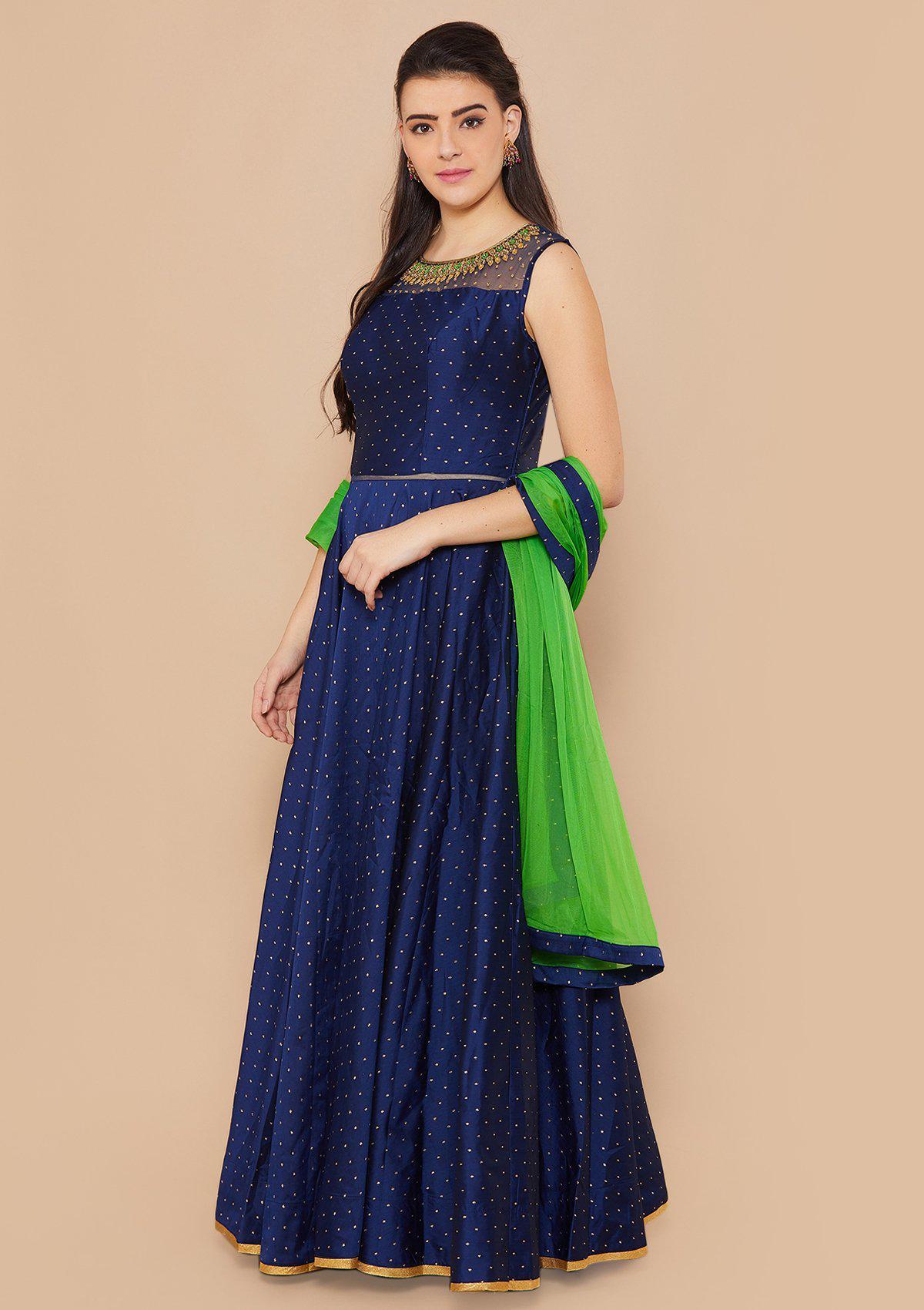 Navy Blue Stonework Taffeta Silk Designer Gown-Koskii