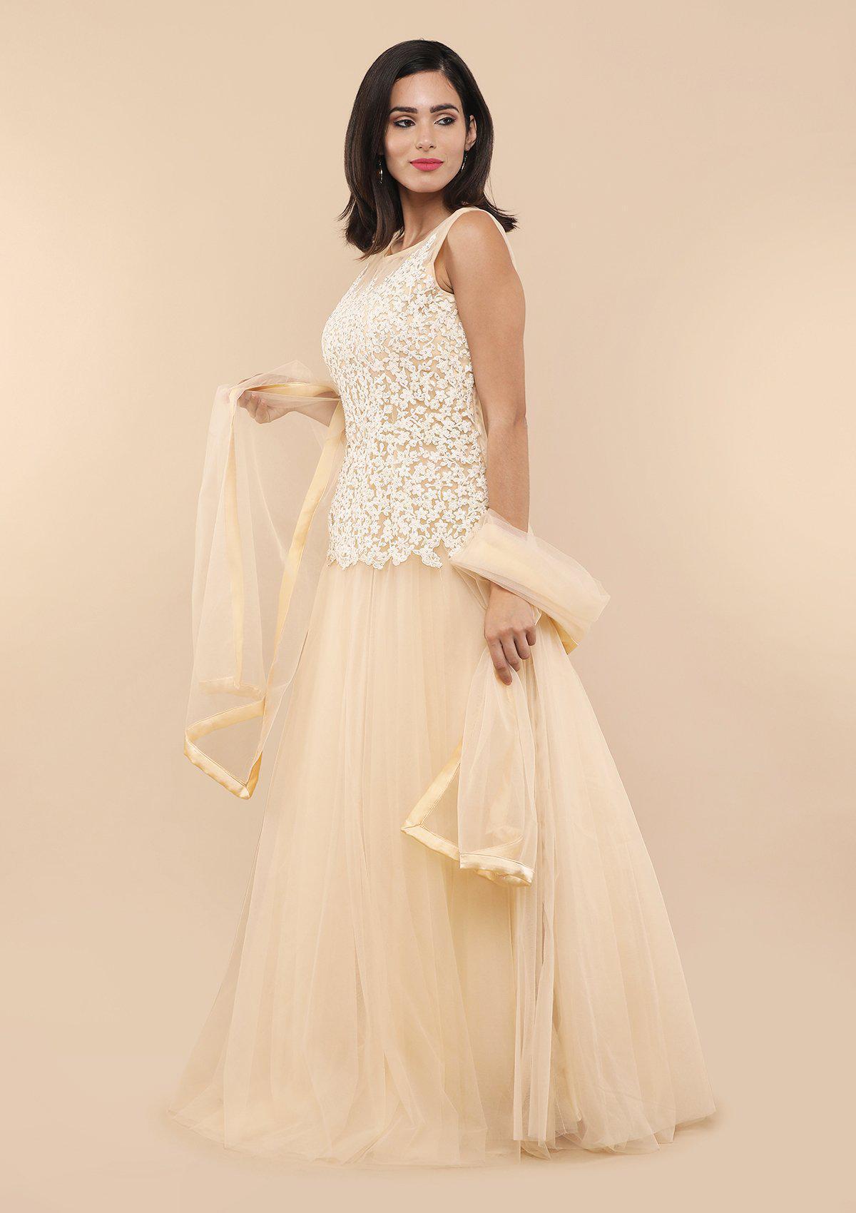 Beige Floral Net Threadwork Designer Gown-Koskii