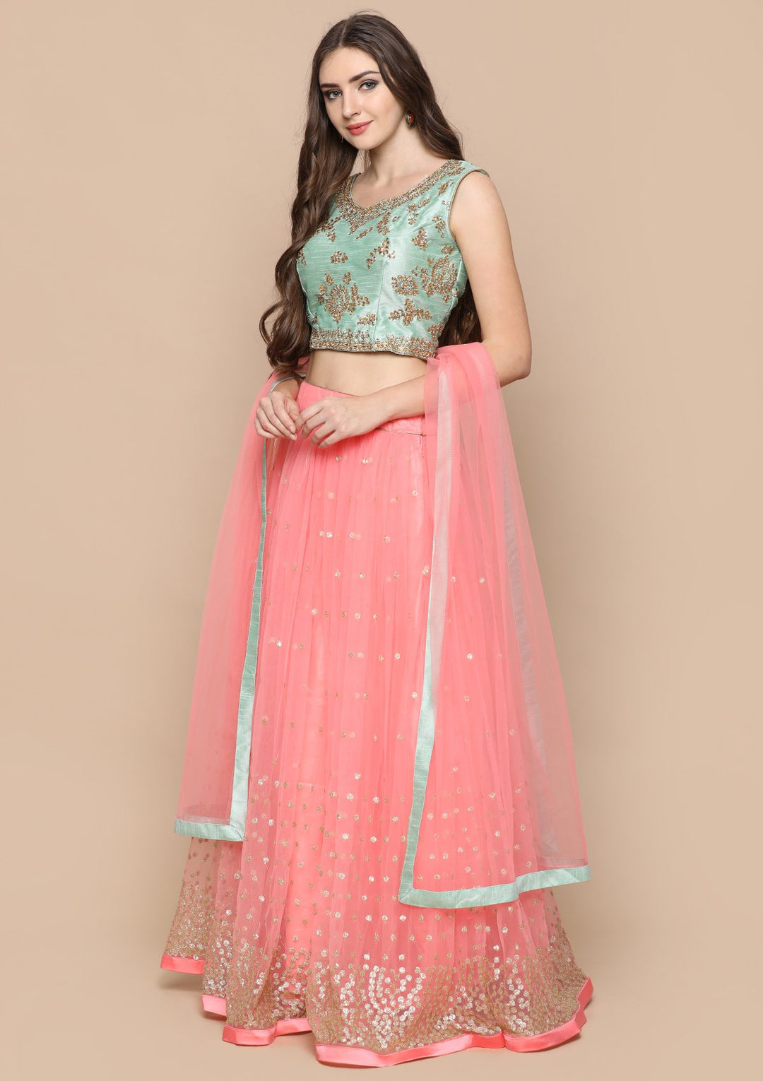 Pink Stone Work Silk Designer Lehenga-Koskii